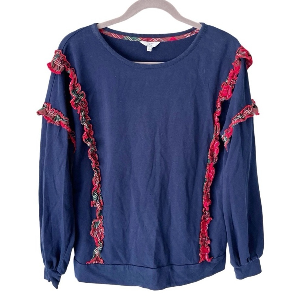 Crown & Ivy Sweatshirt Women's Medium Plaid Ruffle Pullover Preppy Tartan